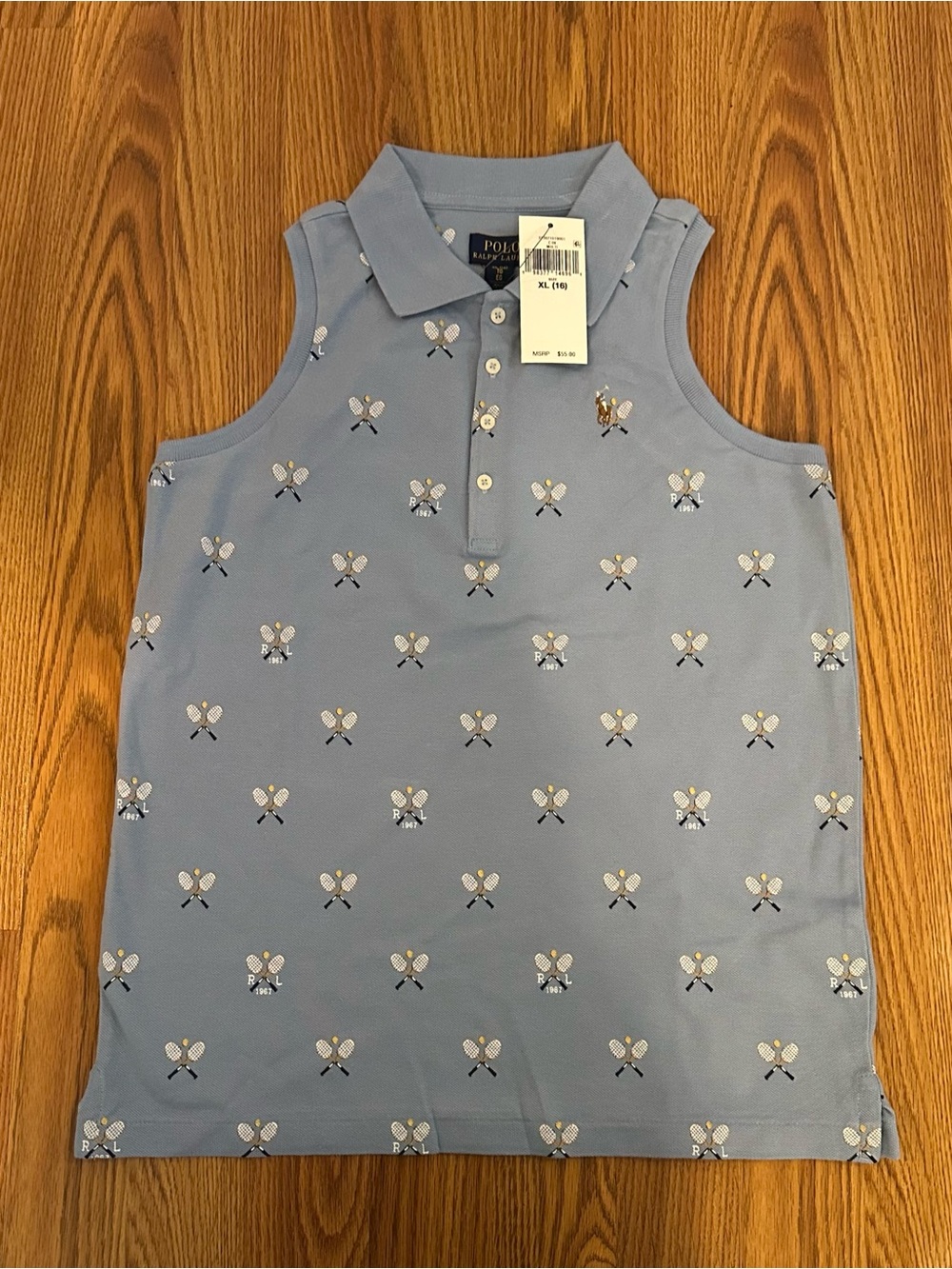 Ralph Lauren Girls' Tennis Print Mesh Sleeveless Polo Shirt, Size 16 (XL)